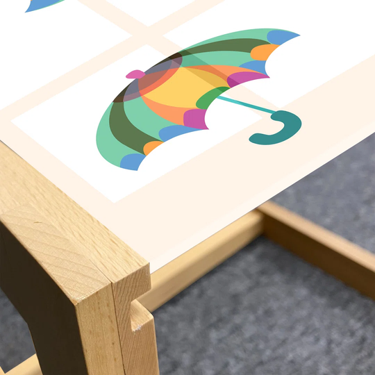Umbrella Coffee Table, Colorful Abstract Modern Parasols Illustration On Plain Backdrop Print, Acrylic Glass Center Table With Wooden Frame For Office