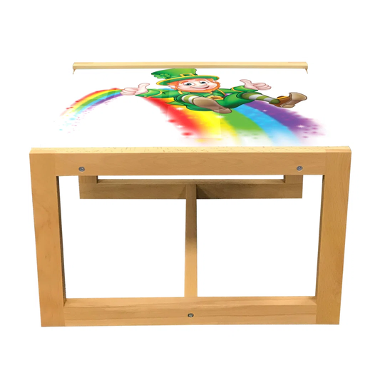 Clover Coffee Table, Funny Irish Leprechaun Sliding On A Rainbow Cartoon Illustration St Patrick''s Day, Acrylic Glass Center Table With Wooden Frame