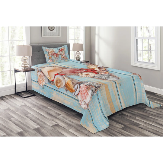 Adelean Blue/Ivory/Coral Bedspread Set with Pillow Sham