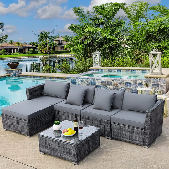 Elleana 6pc Rattan Garden Corner Sofa Set, Outdoor Garden Furniture Set Patio Sofa Set With Glass Coffee Table, Seat Cushions, Back Cushions And Pillo