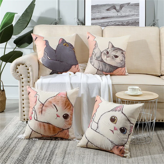 Set Of 4 Cute Cartoon Cat Cushion Covers Decorative Throw Pillow Covers 45X45cm For Home Decor Sofa Chair Couch Bed Bedroom Living Room Garden Outdoor