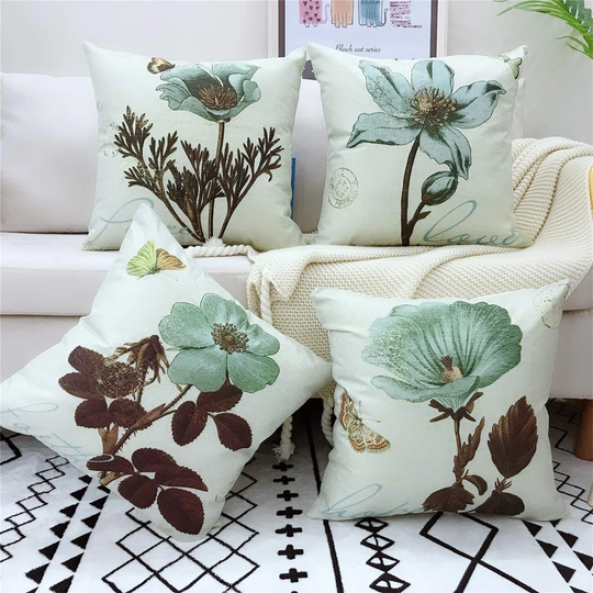 Pack Of 4 Cushion Covers, Farmhouse Vintage Retro Flower Pattern Cotton Linen Decorative Throw Pillow Covers Pillow Cases For 18X18 Inches