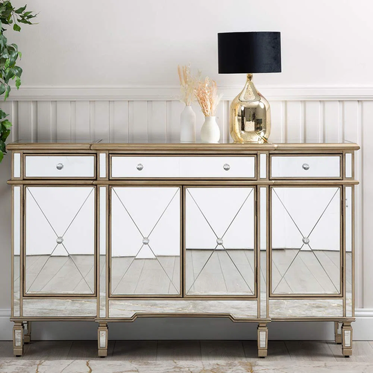 Bebington Sideboard Hallway & Living Room Furniture, 152Cm 4 Door 3 Drawer Mirrored Storage Cabinet