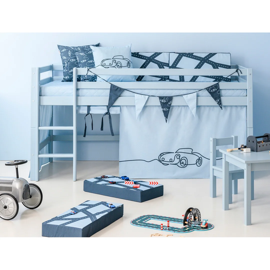 Basic European Single (90 x 200cm) Mid Sleeper Bed with with Cars Curtain, Dream Blue