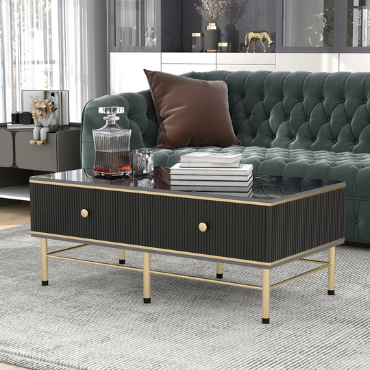 White high-gloss coffee table made of marble veneer, modern living room table with 4 drawers, rectangular high-gloss coffee table