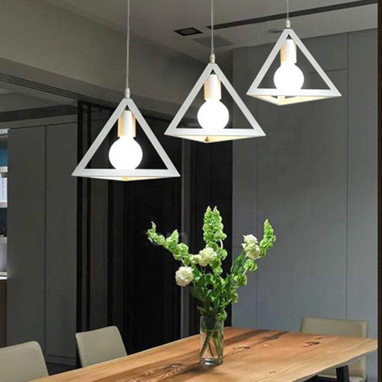 40W Pendant Light Contemporary, E27 Modern Metal Pendant Lights White Cage, Hanging Pendant Lamp, 1 Light Chandelier, Simple Triangle