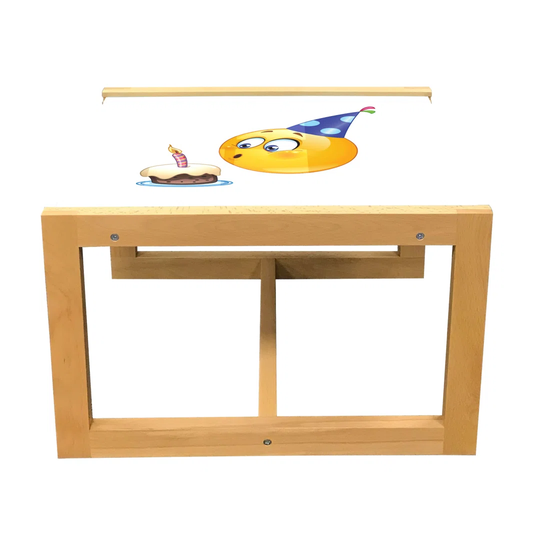 Birthday Party Coffee Table, Happy Face Celebration Themed Cone Hat Blowing Cake Print, Acrylic Glass Center Table With Wooden Frame For Offices Dorms