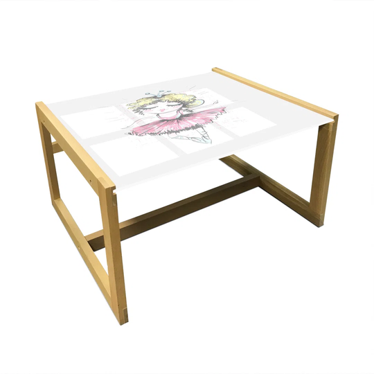 Ballerina Coffee Table, Curly Blonde Haired Dancer Girl Pencil Drawing In Muted Tones Funny Doodle, Acrylic Glass Center Table With Wooden Frame For O