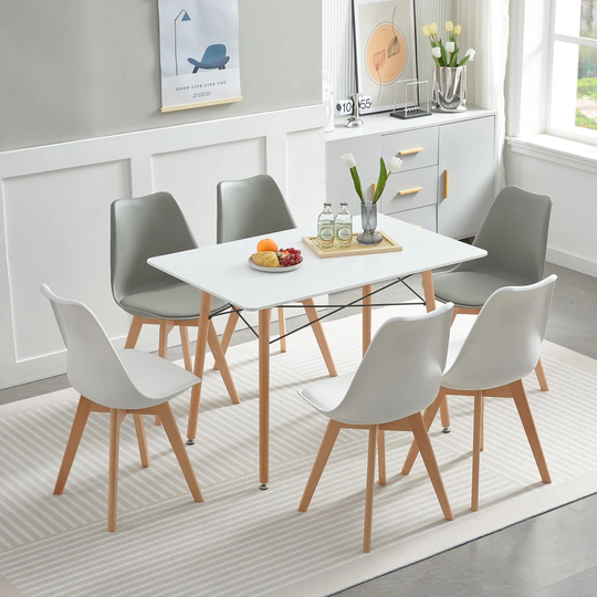 Set Of 6 Dining Chairs Upholstered Chair With Beech Wood Legs And Padded Chair For Dining Room Living Room Bedroom Kitchen Meeting Room,White + Grey