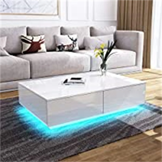 Coffee Table, Coffee Table With Storage, White Gloss Coffee Table With LED Lights, Coffee Table For Living Room Rectangle Centre Table With 4 Drawers