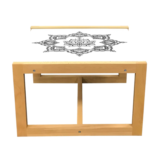 Ethnic Coffee Table, Floral Theme Lotus Inside Mandala Pattern In Hand Drawn Inspired Style, Acrylic Glass Center Table With Wooden Frame For Offices