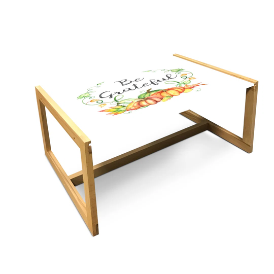 Saying Coffee Table, Be Grateful Cursive Typography Pumpkins Harvest Season Print, Acrylic Glass Center Table With Wooden Frame For Offices Dorms Apri