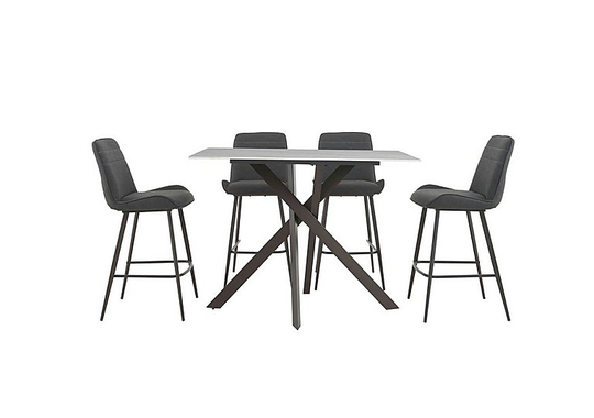 Samurai Bar Table with White Stone Top and 4 Dark Grey Faux Leather Bar Stools