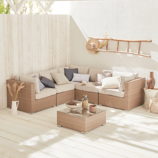 Ini 5 - Seater Rattan Garden Furniture Corner Sofa Set Table - Ready Assembled