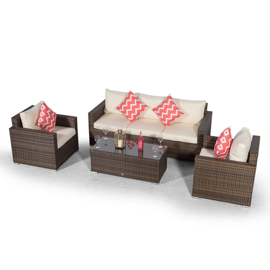 Villatoro Brown Rattan 3 Seat Sofa + 2 X Armchairs & Rectangle Coffee Table, Outdoor Patio Garden Furniture