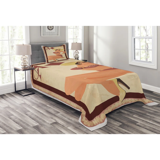 Pin Up Girl Bedspread, Retro Style Brunette Lady In Bikini With Beach Hat In Diamonds Poker Frame, Decorative Quilted Piece Coverlet Set With Pillow S