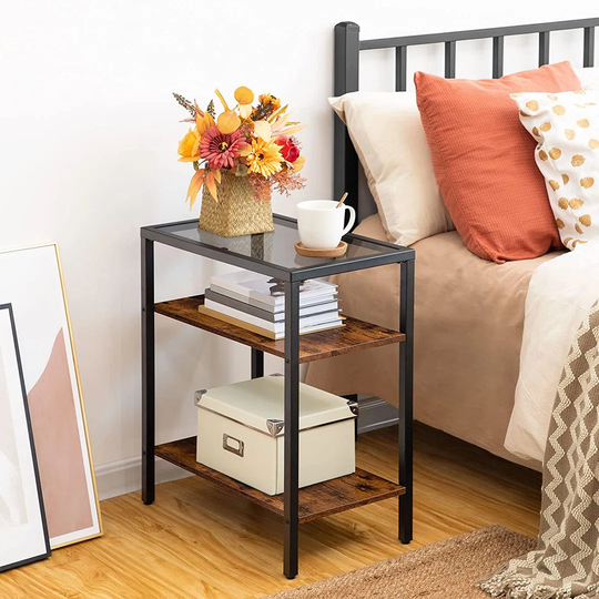 Bed Side Table, Slim Side Table, Narrow Bedside Table, 3 Tier Glass Sofa End Tables Living Room, Coffee Tea Snack Occasional Table For Small Space, Me