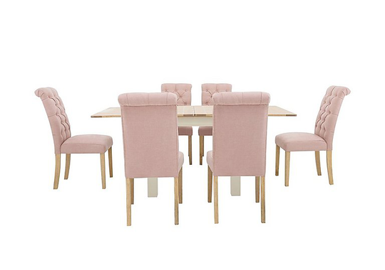 Furnitureland - Angeles Flip Top Extending Dining Table and 6 Button Back Dining Chairs - Pink