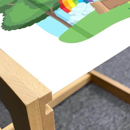 Leprechaun Coffee Table, Simplistic Carton Of Irish In Forest With Sun And Rainbow Image, Acrylic Glass Center Table With Wooden Frame For Offices Dor