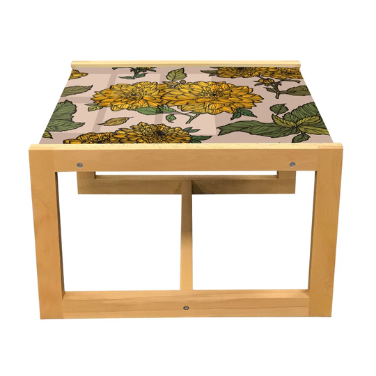 Floral Coffee Table, Continuous Layout Of Dahlia Flowers In Vintage Style Print, Acrylic Glass Center Table With Wooden Frame For Offices Dorms Olive