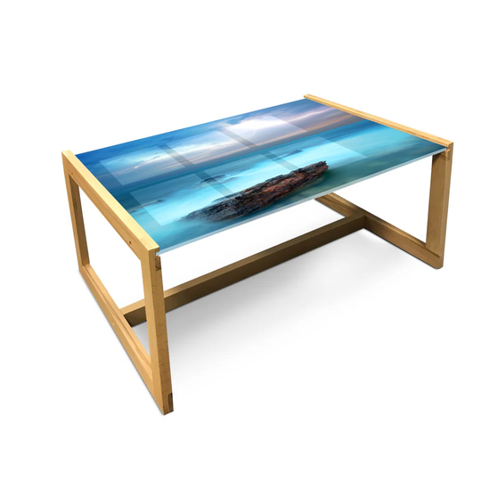 Nature Coffee Table, Tropic Sea With Rocks And Storm In The Air Tranquil But Dangerous Epic Scenery, Acrylic Glass Center Table With Wooden Frame For