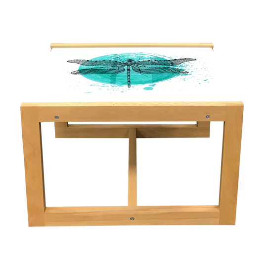 Dragonfly Coffee Table, Abstract Drawing In Detailed Line Art Style Insect On Plain Backdrop, Acrylic Glass Center Table With Wooden Frame For Offices