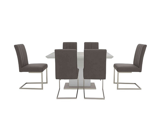 Grigio Fixed Dining Table and Set of 6 Faux Leather Dining Chairs - Grey