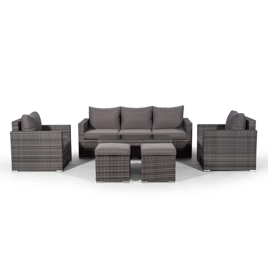 Villatoro Grey Rattan 3 Seat Sofa + 2 X Armchairs & 2 Stool Coffee Table, Outdoor Patio Garden Furniture