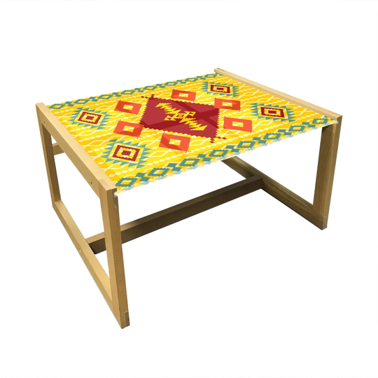 Native Coffee Table, Native Indigenous Pattern Rhombus Borders, Acrylic Glass Center Table With Wooden Frame For Offices Dorms Yellow Orange And Red