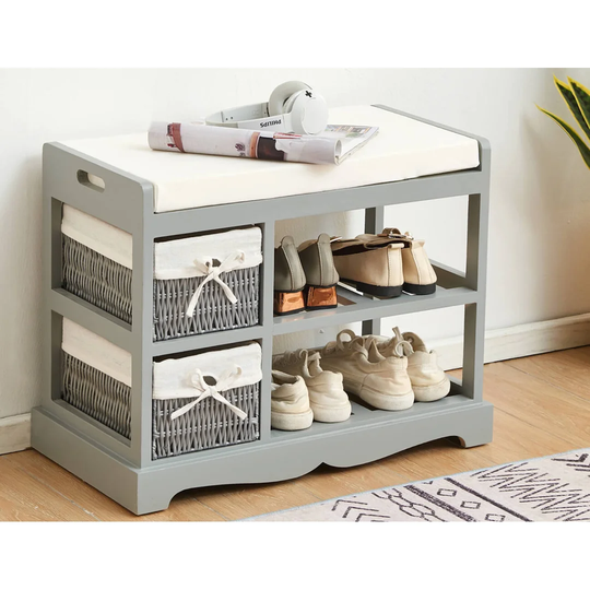 Grey Painted Wooden Hallway Bench 2 Basket 2 Shelf Storage White Cushioned Top
