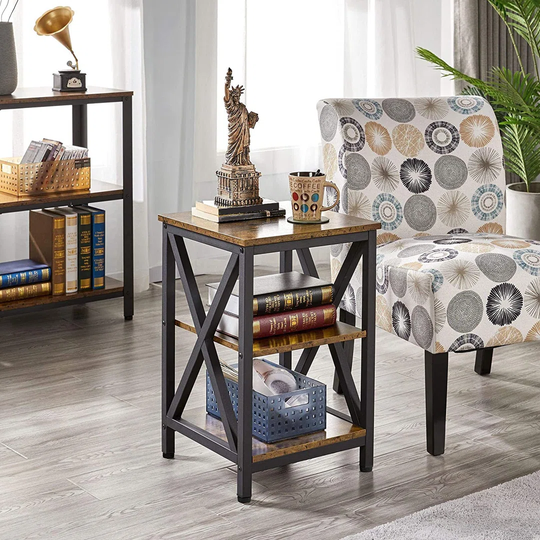 3-Tier Bedside Table With Storage, X Design Sturdy Sofa Side Table Industrial End Table Wooden Nightstand For Bedroom,Living Room, Space Saving, Rusti