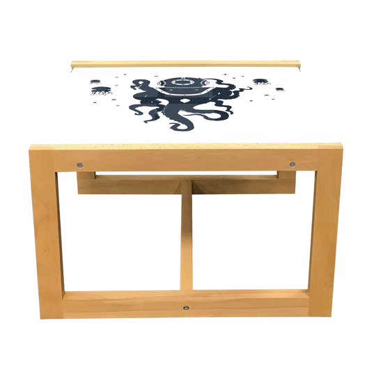 Vintage Nautical Tattoo Coffee Table, Octopus Jellyfish In Astronaut Costume Plain Background, Acrylic Glass Center Table With Wooden Frame For Office