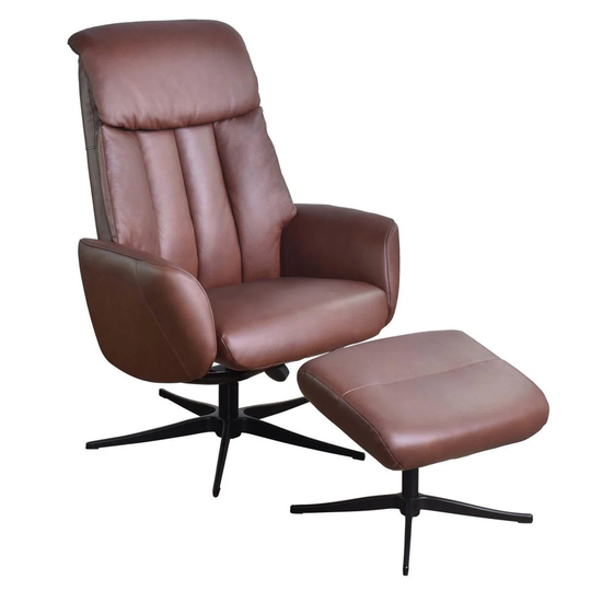 The Indiana Swivel Recliner Chair In Chestnut Genuine Leather And Black Base.