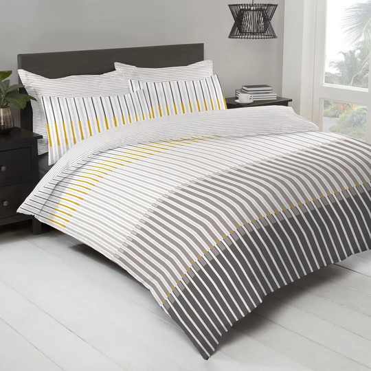 NightComfort Grey Stripe Duvet Cover Set with Pillowcases and Fitted Sheet Set