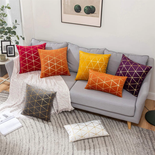 Velvet Cushion Cover Gilded Throw Pillow Covers With Gold Lines Triangle Pattern Square Decorative Soft Home For Sofa Living Room Bedroom Navy 16 X 16