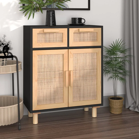 Fairmont Park Sideboard Black 60X30x75 Cm Solid Wood Pine And Natural Rattan