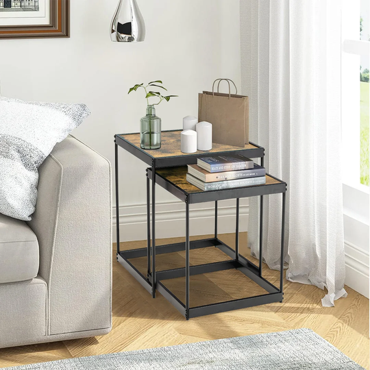 Square Nesting Tables Set Of 2 Coffee End Table Wood Retro Sofa Side Table