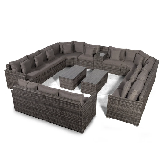 Villasenor Grey Rattan 10 Seat Sofa With 2 X Rectangle Coffee Table & 3 Seat Sofa + Drinks Cooler, Outdoor Patio Garden Furniture