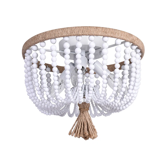 3 - Light Hemp Rope White Beaded Flush Mount