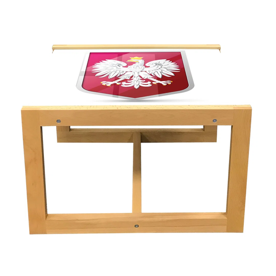 Polish Coffee Table, Royal Illustration Of Coat Of Arms Of Poland Emblem Crowned Eagle Print, Acrylic Glass Center Table With Wooden Frame For Offices