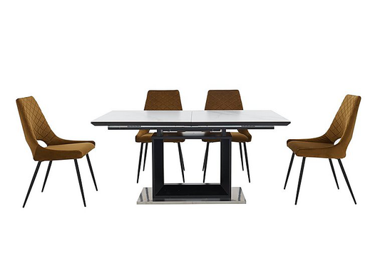 Metallica Extending Dining Table with White Ceramic Top and 4 Chairs - Yellow