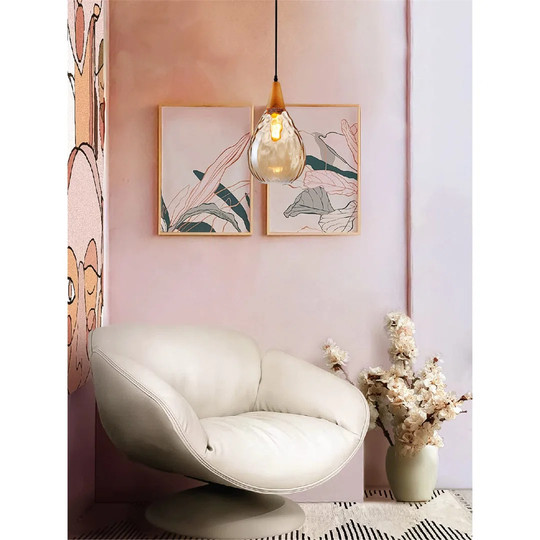 Glass Pendant Light For Kitchen Island, Dining Room Pendant Lighting Textured Glass Teardrop Dome Seeded Modern Glass Pendant Light Fixture (Amber)