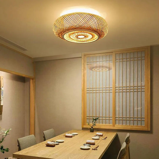 40Cm 3-Lamp Rustic Bamboo Rattan Flush Mount Ceiling Light