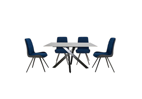 Samurai Compact Dining Table with White Stone Top and 4 Velvet Dining Chairs