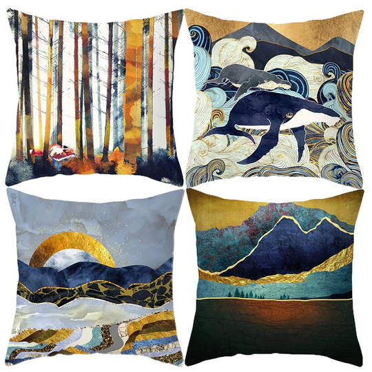 Nature Pillow Covers Landscape Sunset Pillow Cases Blue Gold Tree Cushion Covers Set Of 4 18X18 Inches