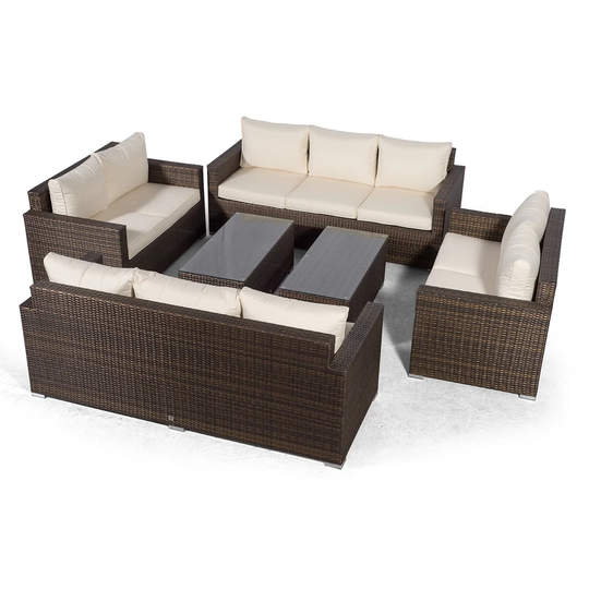 Villatoro Brown Rattan 2 X 3 Seat Sofa + 2 X 2 Seat Sofa & 2 X Rectangle Coffee Table, Outdoor Patio Garden Furniture