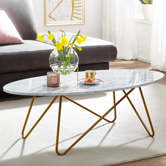Calhoon Canora Grey Coffee Table 120x40x60 Cm With Marble Optics White | Living Room Table With Metal Frame | Sofa Table Oval Table Living Room | Loun