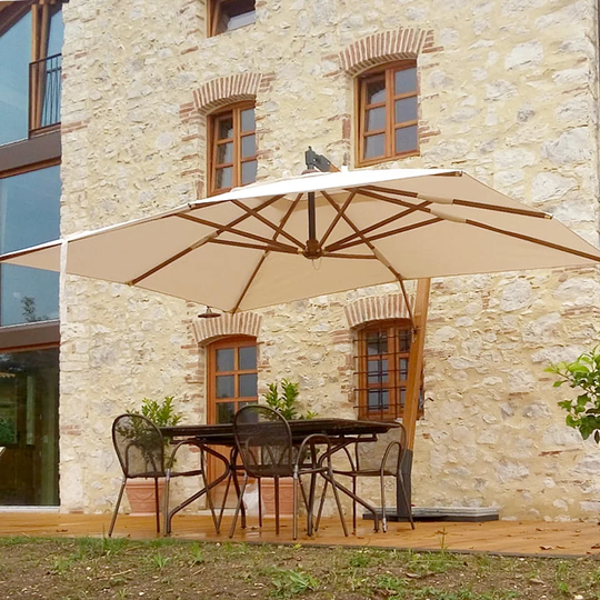 Javier Outdoor Umbrella with Lateral Pole and Rectangular Canopy 300x400 | Made of Kotò and Iroko Wood with Walnut Finisch | Acrylic Fabric Cover wit