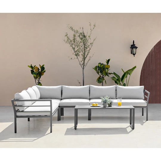 Outdoor 6 Seat Corner Sofa and Table Set for Modern Minimalist Gardens and Patios