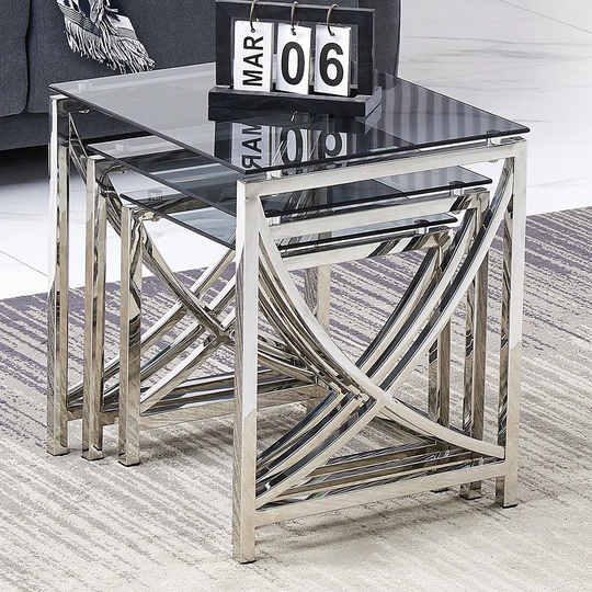 Stainless Steel Nest Of Tables With Clear Tempered Glass Top Set Of 3 For Living Room(Curve)